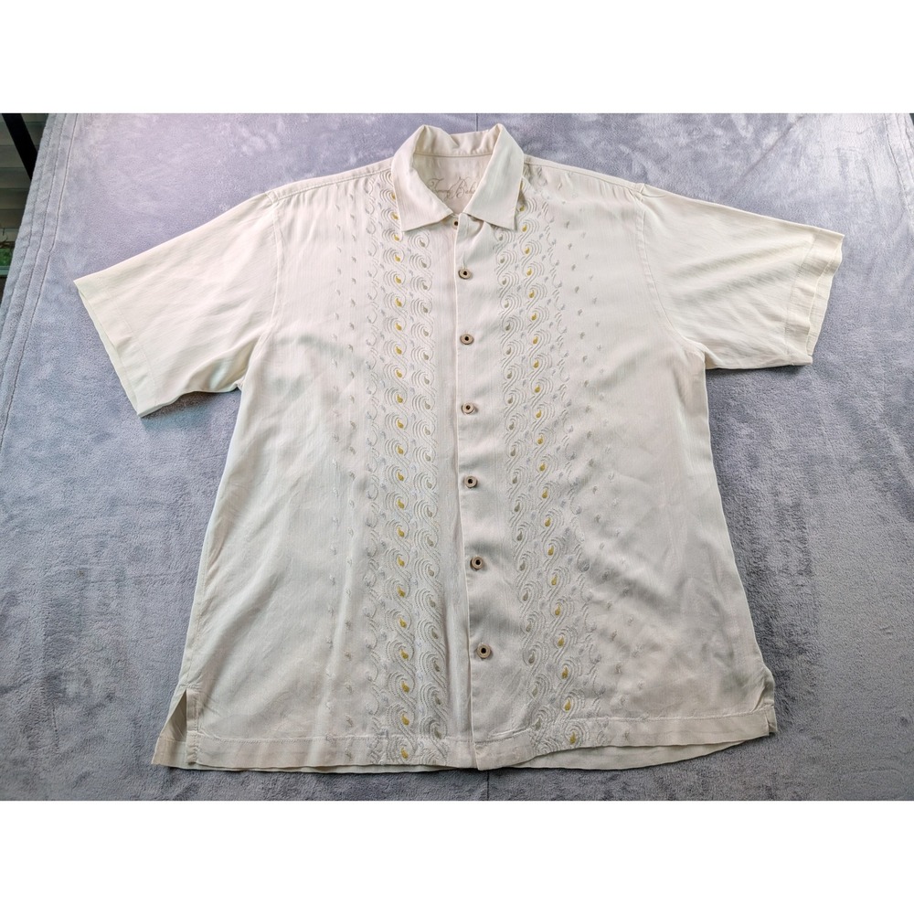 Tommy Bahama Mens Large Cream 100% Silk Embroidered Paisley Camp Shirt Short Slv